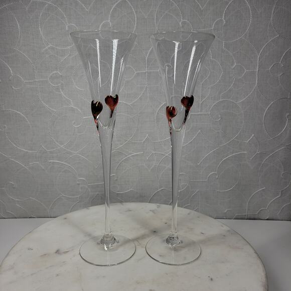 Heart Champagne Flutes 11.5" Red Bohemia Blown Glass Wedding Toast Set of 2 - Picture 12 of 16